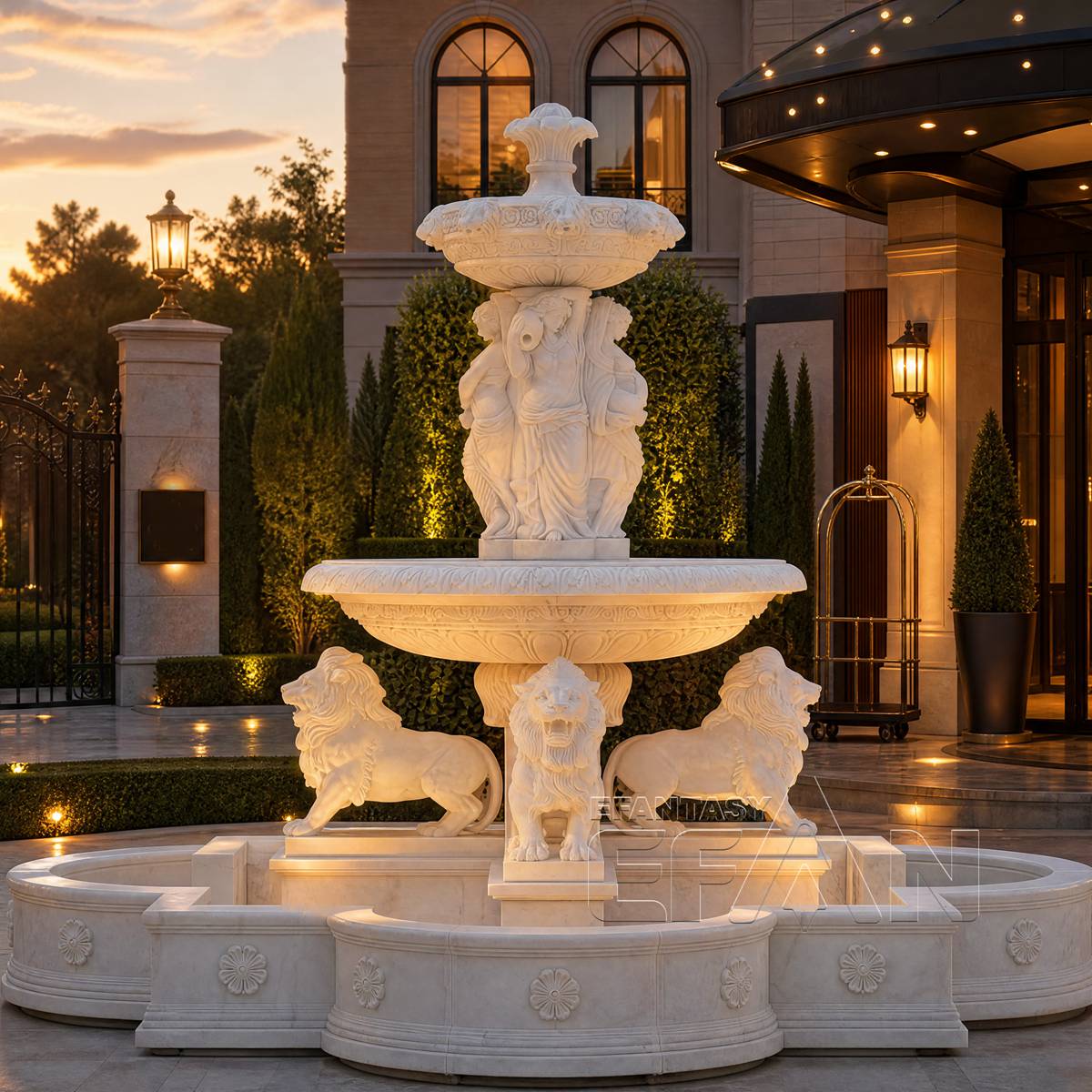 Classical White Marble Lion Fountain for Estate Garden