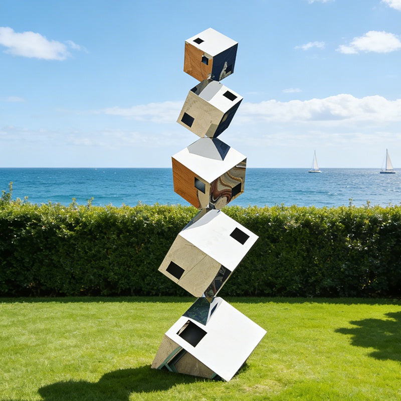 Floating Cube Stainless Steel Sculpture – Modern Geometric Outdoor Art EFS-44