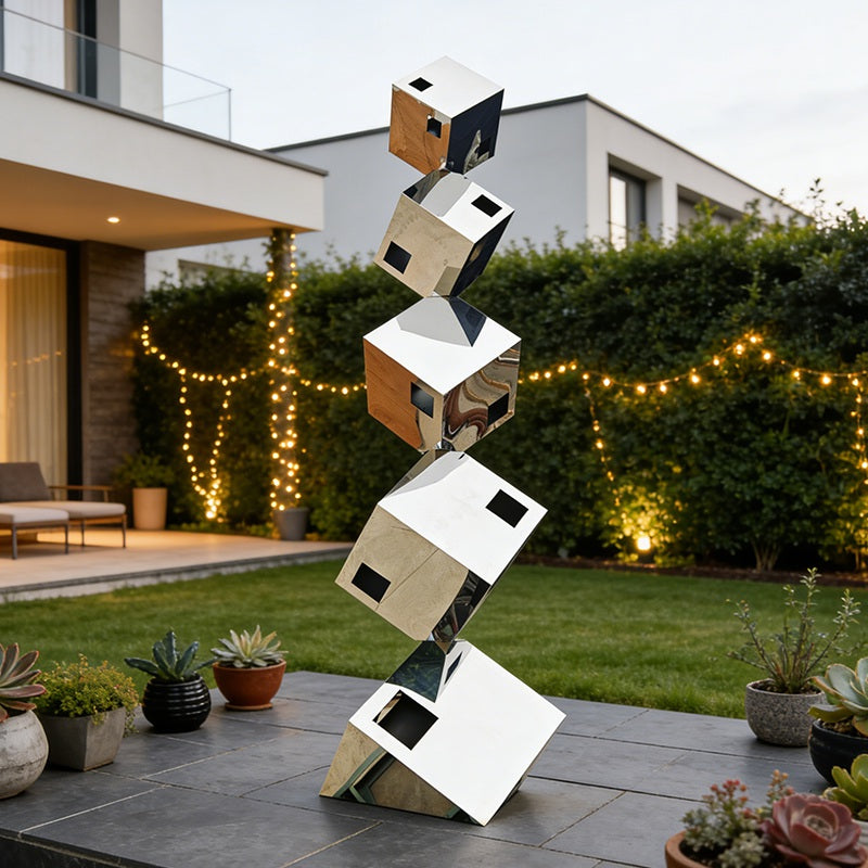 Floating Cube Stainless Steel Sculpture – Modern Geometric Outdoor Art EFS-44