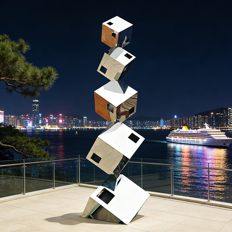 Floating Cube Stainless Steel Sculpture – Modern Geometric Outdoor Art EFS-44