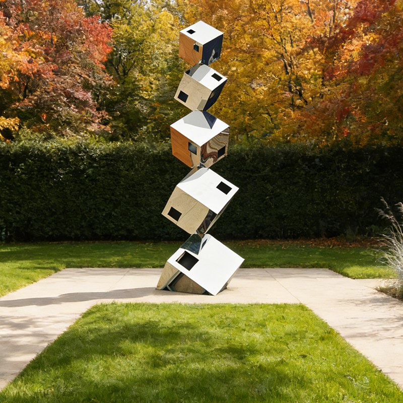 Floating Cube Stainless Steel Sculpture – Modern Geometric Outdoor Art EFS-44