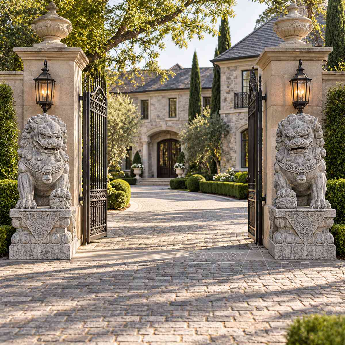 Hand-Carved Gray Marble Chinese Guardian Lion Statues for Villa Entry