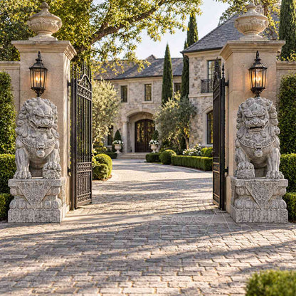 Hand-Carved Gray Marble Chinese Guardian Lion Statues for Villa Entry