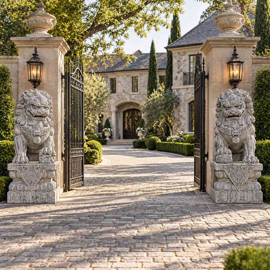 Hand-Carved Gray Marble Chinese Guardian Lion Statues for Villa Entry