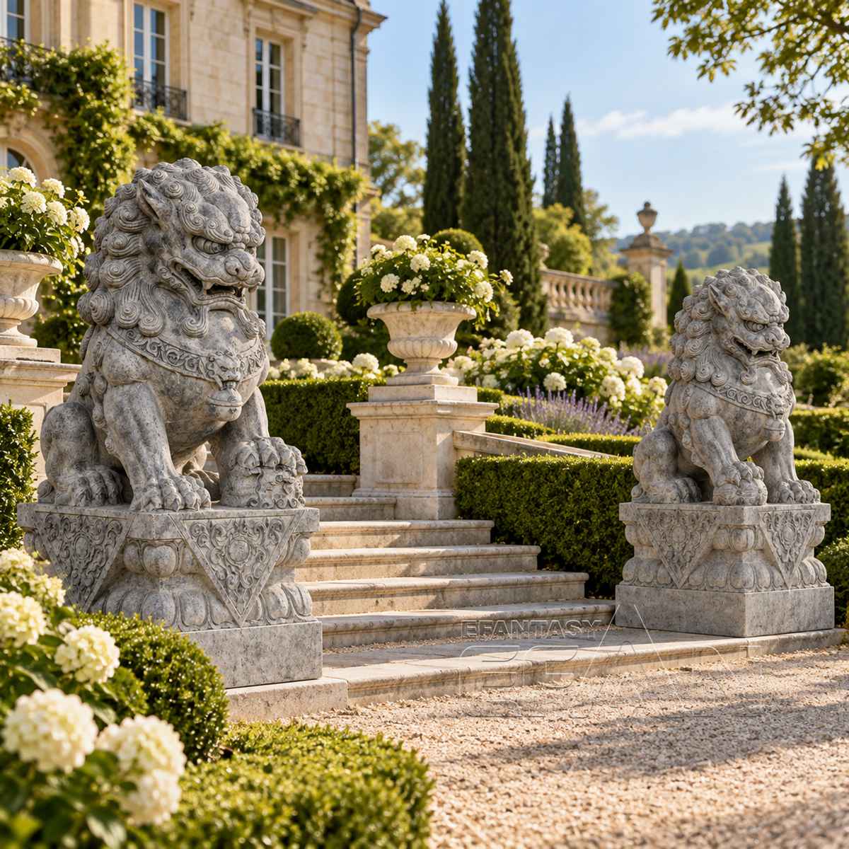 Hand-Carved Gray Marble Chinese Guardian Lion Statues for Villa Entry