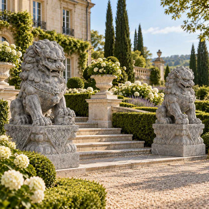 Hand-Carved Gray Marble Chinese Guardian Lion Statues for Villa Entry