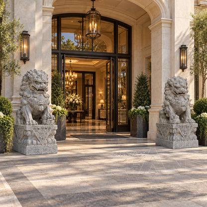 Hand-Carved Gray Marble Chinese Guardian Lion Statues for Villa Entry