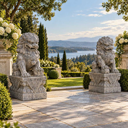 Hand-Carved Gray Marble Chinese Guardian Lion Statues for Villa Entry