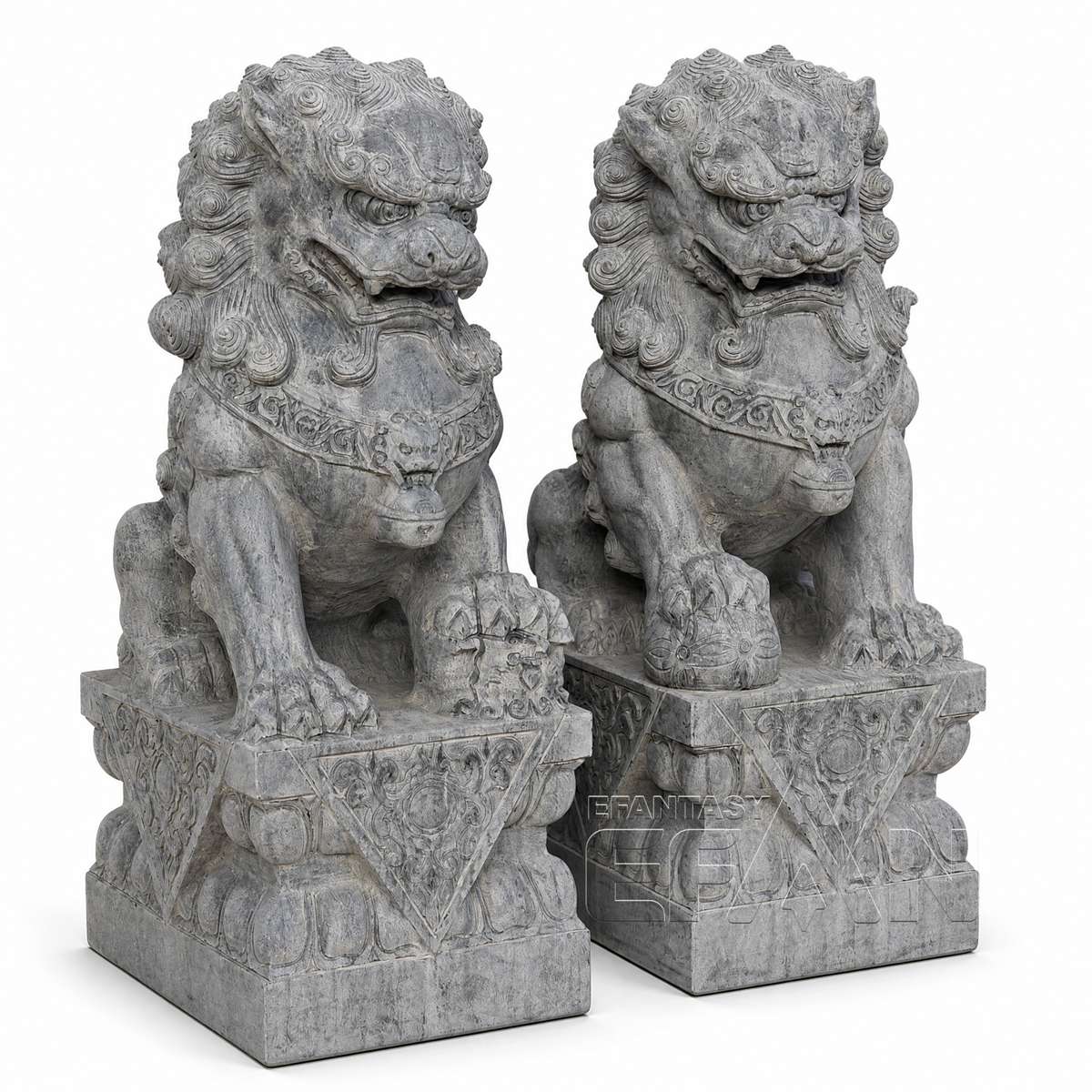 Hand-Carved Gray Marble Chinese Guardian Lion Statues for Villa Entry