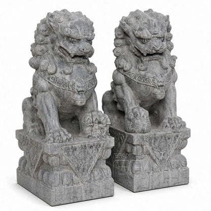 Hand-Carved Gray Marble Chinese Guardian Lion Statues for Villa Entry