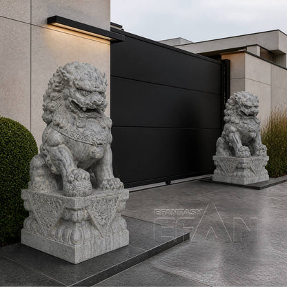 Hand-Carved Gray Marble Chinese Guardian Lion Statues for Villa Entry