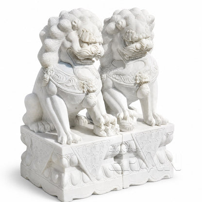 Hand-Carved Marble Foo Dog Statues for Entrance