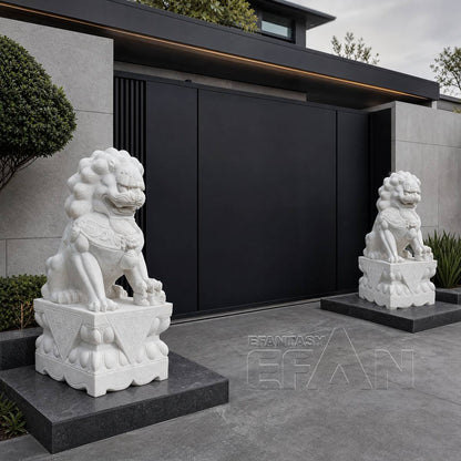 Hand-Carved Marble Foo Dog Statues for Entrance