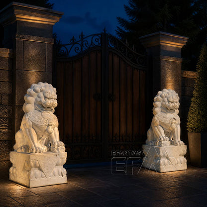 Hand-Carved Marble Foo Dog Statues for Entrance