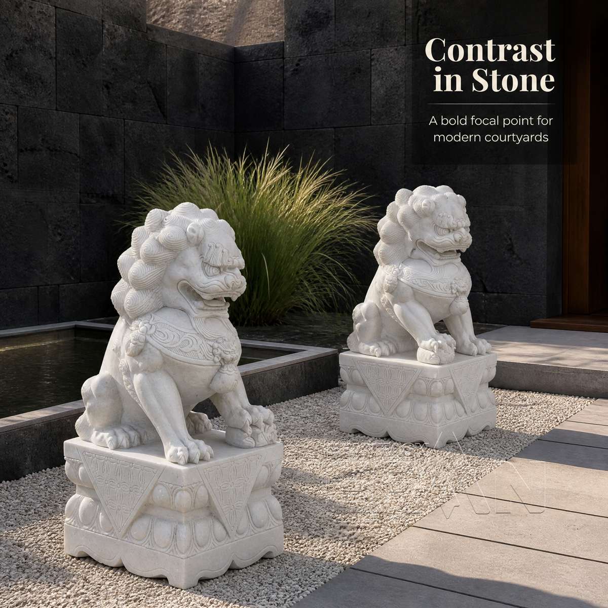 Hand-Carved Marble Foo Dog Statues for Entrance