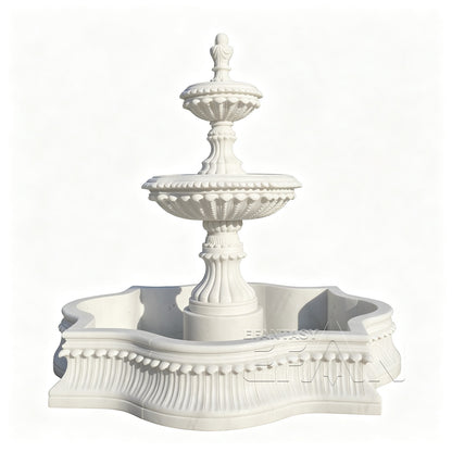 Hand-Carved Marble Tiered Fountain with Pool Surround for Luxury Garden and Estate Landscape