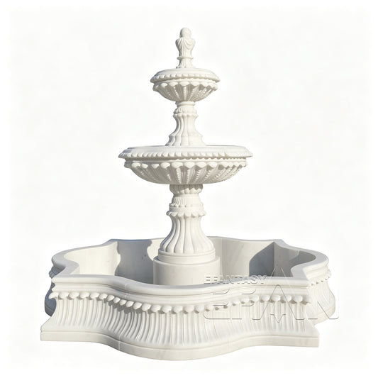 Hand-Carved Marble Tiered Fountain with Pool Surround for Luxury Garden and Estate Landscape