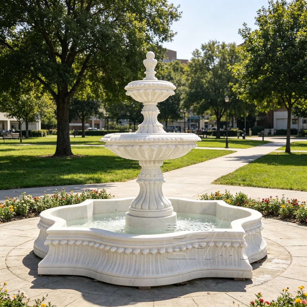 Hand-Carved Marble Tiered Fountain with Pool Surround for Luxury Garden and Estate Landscape