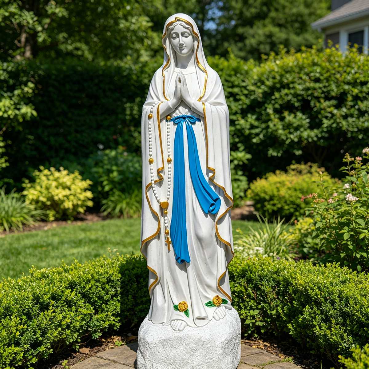 Marble Our Lady of Lourdes Statue with Hand-Painted Details for Outdoor Garden, Church, and Shrine Decor
