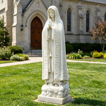 Hand-Carved Natural White Marble Our Lady of Fatima Statue with Ornate Cloak and Cloud Base for Outdoor Garden, Church, and Sanctuary Decor