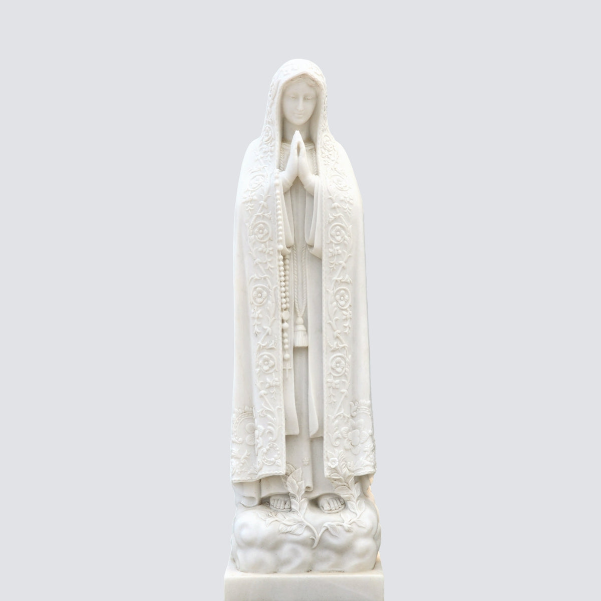 Hand-Carved Natural White Marble Our Lady of Fatima Statue with Ornate Cloak and Cloud Base for Outdoor Garden, Church, and Sanctuary Decor