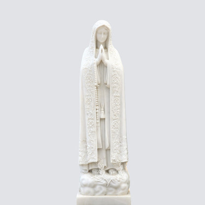 Hand-Carved Natural White Marble Our Lady of Fatima Statue with Ornate Cloak and Cloud Base for Outdoor Garden, Church, and Sanctuary Decor