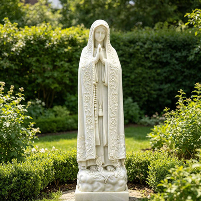 Hand-Carved Natural White Marble Our Lady of Fatima Statue with Ornate Cloak and Cloud Base for Outdoor Garden, Church, and Sanctuary Decor