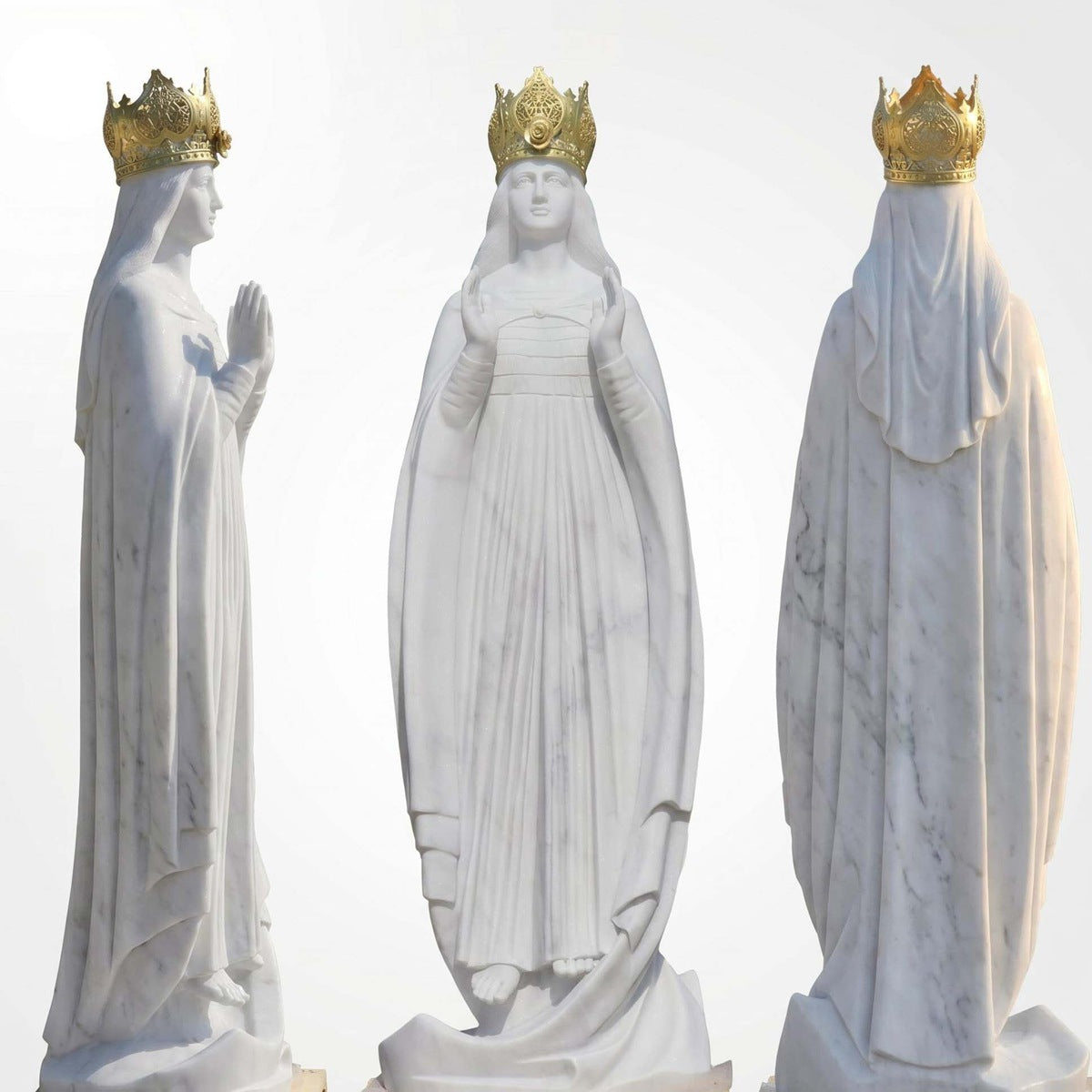 Hand-Carved Natural White Marble Our Lady of Knock Statue with Golden Crown for Outdoor Garden, Church, and Catholic Devotional Decor