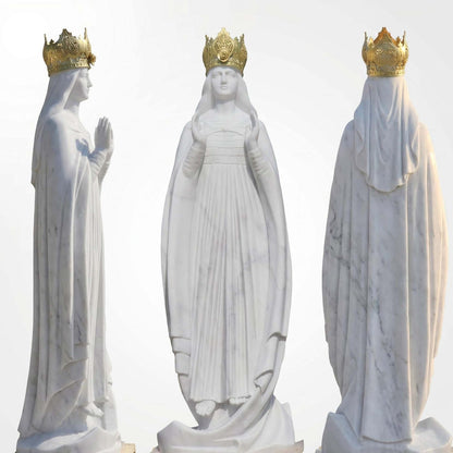 Hand-Carved Natural White Marble Our Lady of Knock Statue with Golden Crown for Outdoor Garden, Church, and Catholic Devotional Decor
