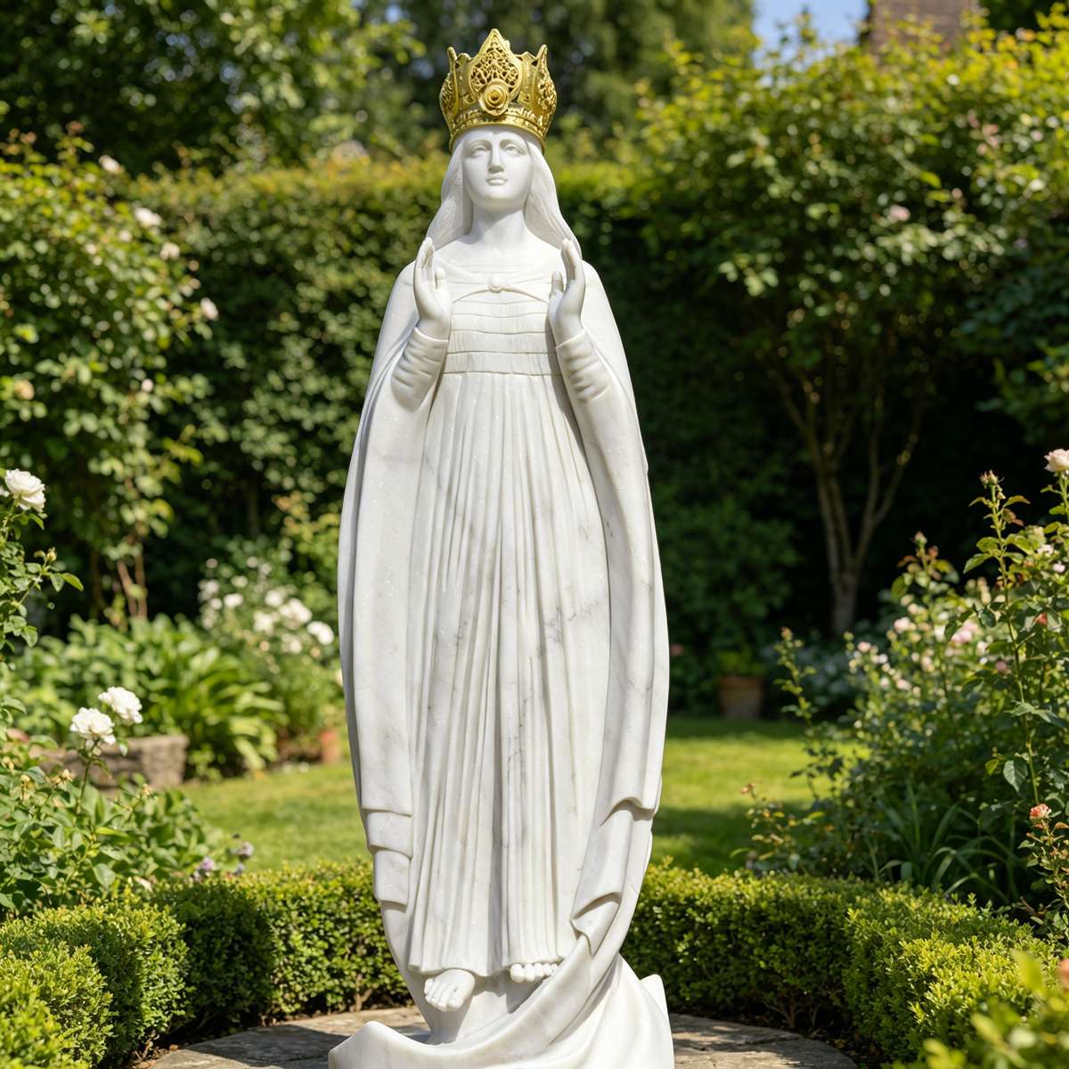 Hand-Carved Natural White Marble Our Lady of Knock Statue with Golden Crown for Outdoor Garden, Church, and Catholic Devotional Decor