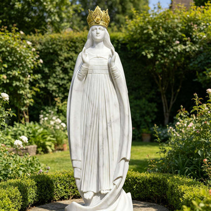 Hand-Carved Natural White Marble Our Lady of Knock Statue with Golden Crown for Outdoor Garden, Church, and Catholic Devotional Decor