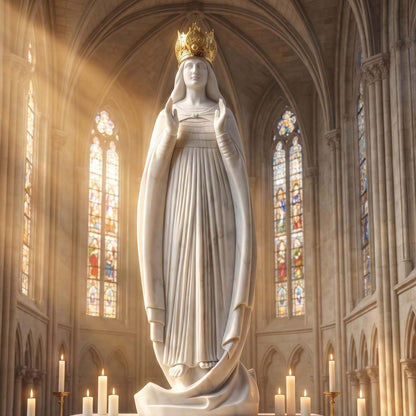 Hand-Carved Natural White Marble Our Lady of Knock Statue with Golden Crown for Outdoor Garden, Church, and Catholic Devotional Decor