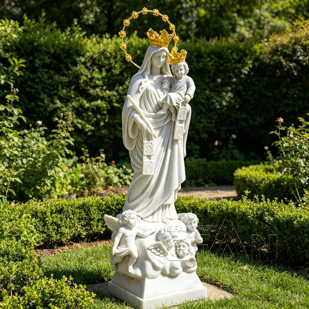 Hand Carved Natural White Marble Our Lady of Mount Carmel Statue