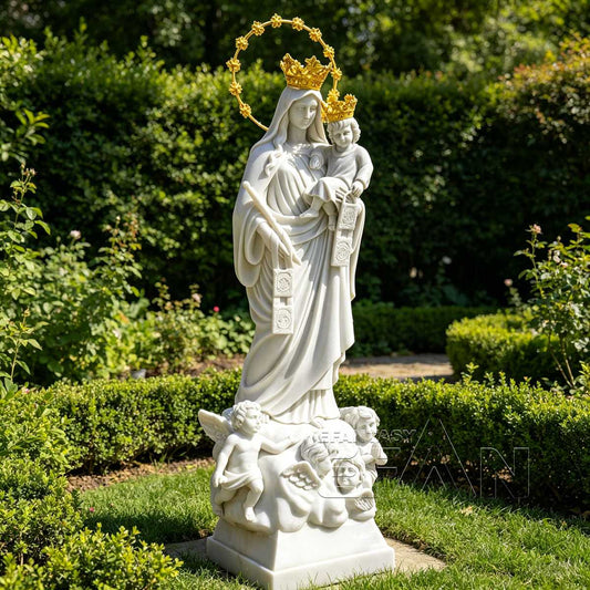 Hand-Carved Natural White Marble Our Lady of Mount Carmel Statue with Golden Crowns and Angels Base