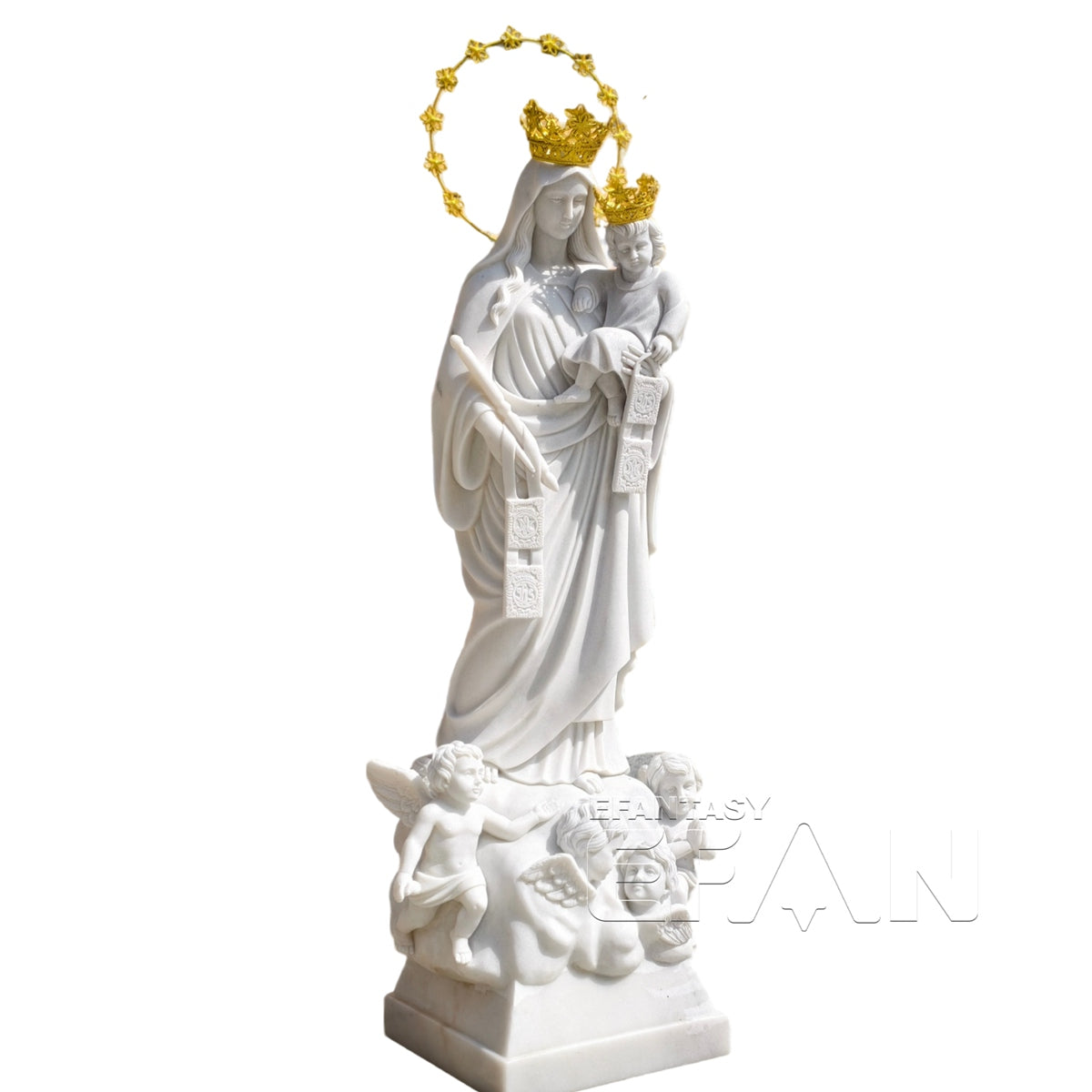 Hand-Carved Natural White Marble Our Lady of Mount Carmel Statue with Golden Crowns and Angels Base