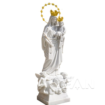 Hand-Carved Natural White Marble Our Lady of Mount Carmel Statue with Golden Crowns and Angels Base