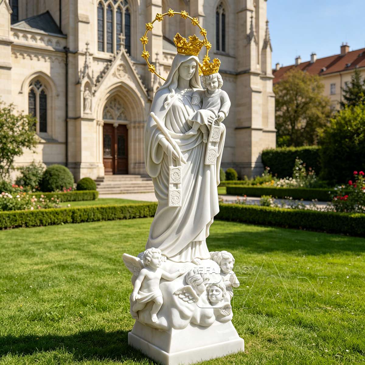 Hand-Carved Natural White Marble Our Lady of Mount Carmel Statue with Golden Crowns and Angels Base