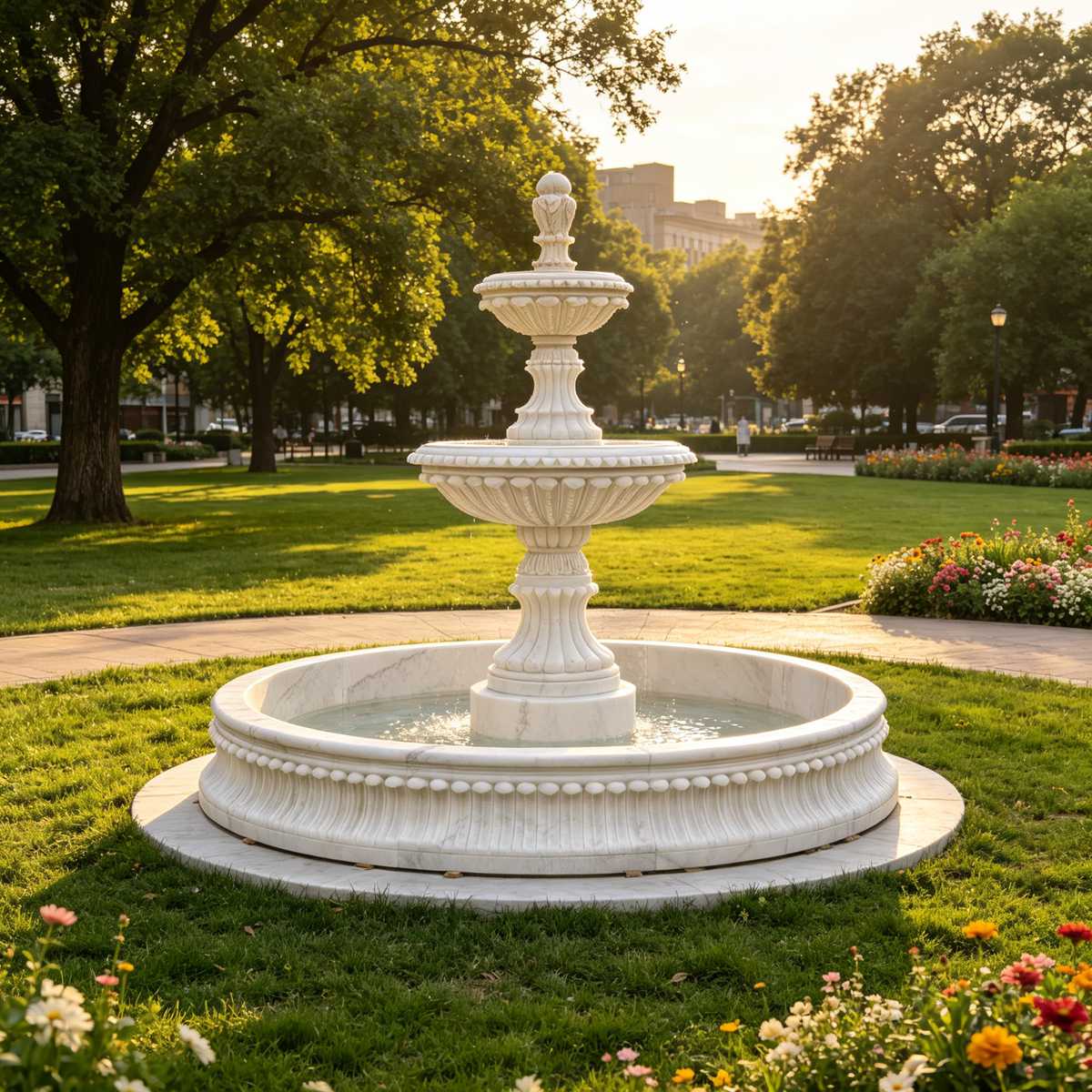 Natural White Marble Tiered Fountain with Round Pool Surround for Luxury Garden and Estate Landscape