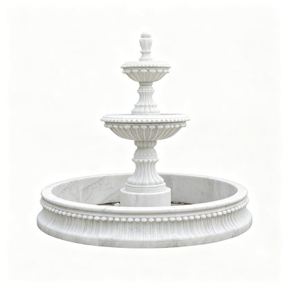 Natural White Marble Tiered Fountain with Round Pool Surround for Luxury Garden and Estate Landscape