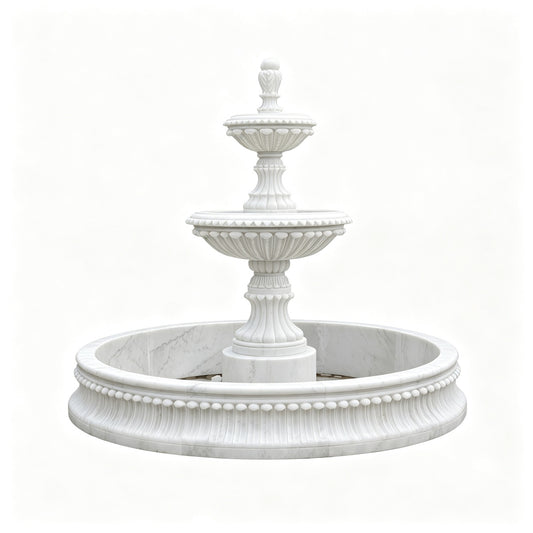 Natural White Marble Tiered Fountain with Round Pool Surround for Luxury Garden and Estate Landscape