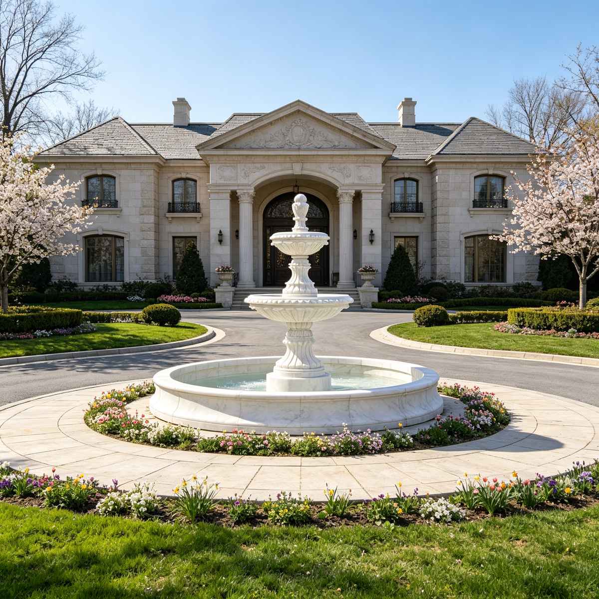 Natural White Marble Tiered Fountain with Round Pool Surround for Luxury Garden and Estate Landscape