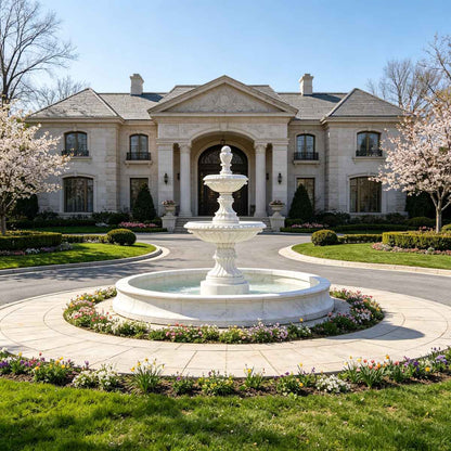Natural White Marble Tiered Fountain with Round Pool Surround for Luxury Garden and Estate Landscape