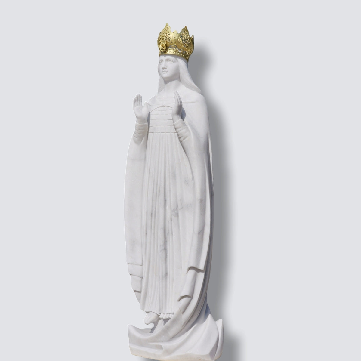 Hand-Carved Natural White Marble Our Lady of Knock Statue with Golden Crown for Outdoor Garden, Church, and Catholic Devotional Decor