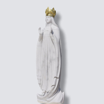 Hand-Carved Natural White Marble Our Lady of Knock Statue with Golden Crown for Outdoor Garden, Church, and Catholic Devotional Decor