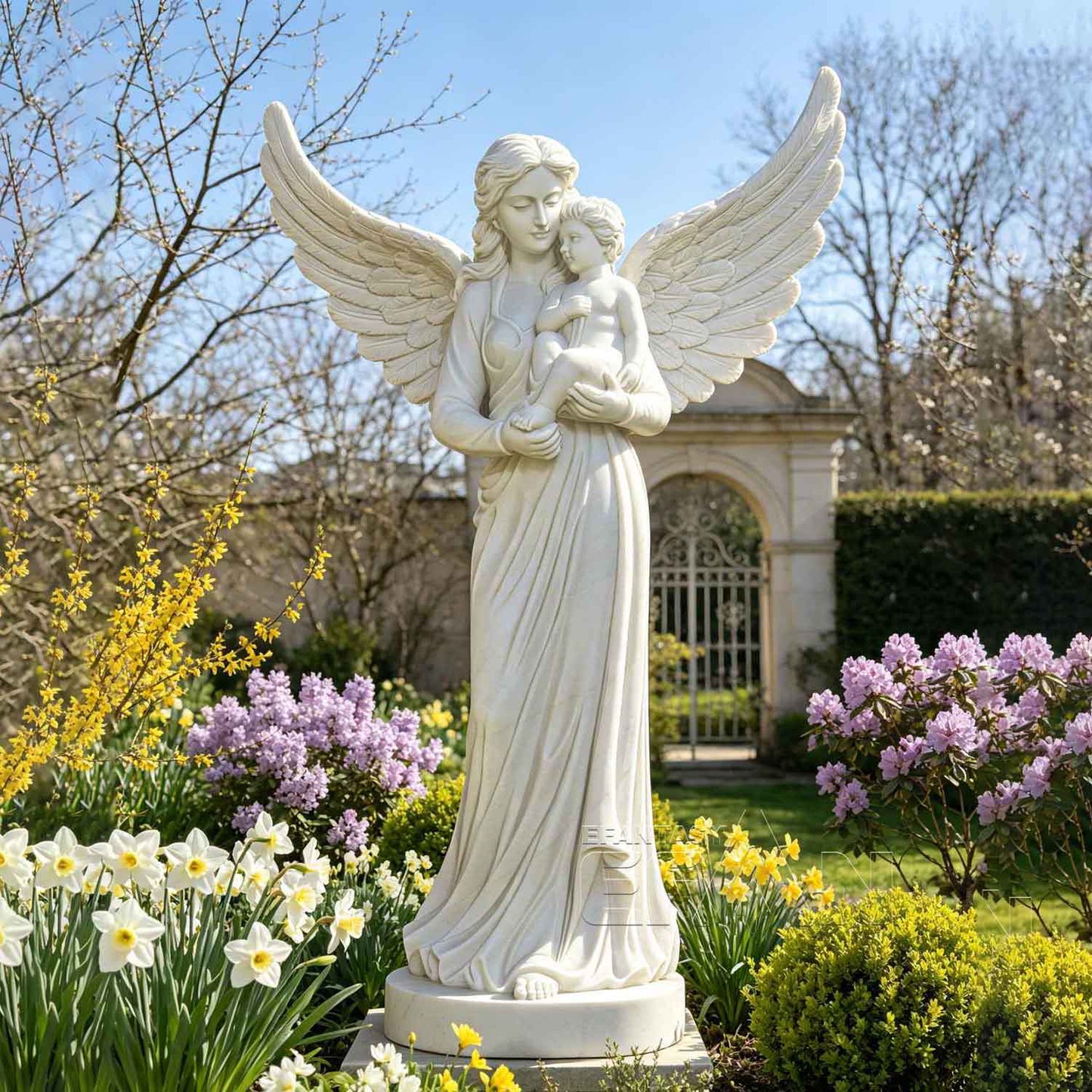 Hand Carved Marble Angel Statue with Child for Garden and Memorial Decoration