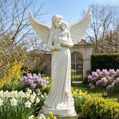 Hand Carved Marble Angel Statue with Child for Garden and Memorial Decoration