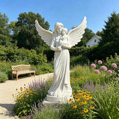 Hand Carved Marble Angel Statue with Child for Garden and Memorial Decoration