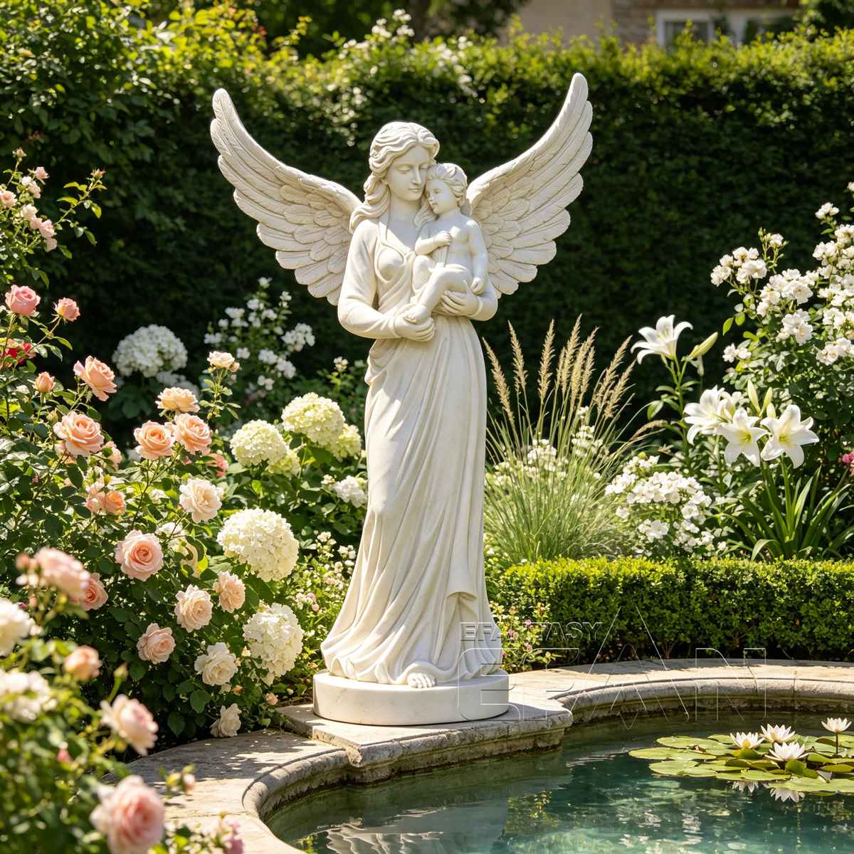 Hand Carved Marble Angel Statue with Child for Garden and Memorial Decoration