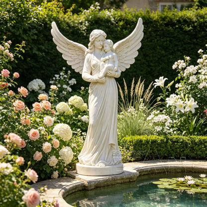 Hand Carved Marble Angel Statue with Child for Garden and Memorial Decoration