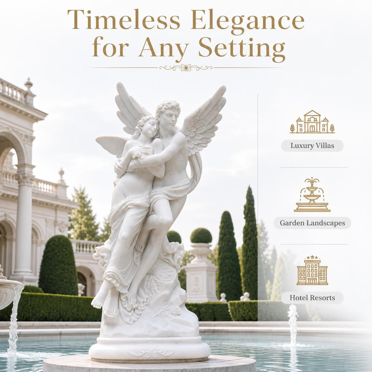 Hand-Carved Marble Cupid and Psyche Statue - 60" White Garden Sculpture